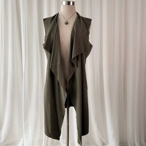 Olive Suede Long Vest Duster Boho Waterfall Open Front Festival Layering Small
